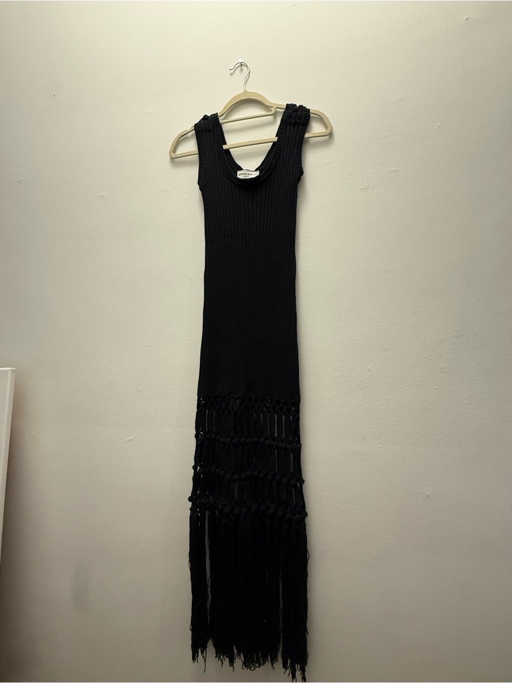 Sonia Rykiel Black Ribbed Maxi Dress with Macramé Fringe Hem